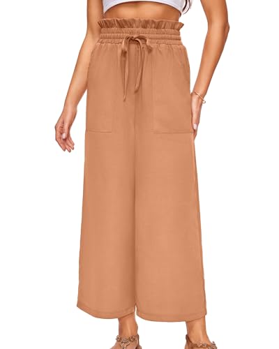 Women's Wide Leg Linen Pants Casual Loose High Elastic Waist Adjustable Knot Palazzo Trousers with Pockets4