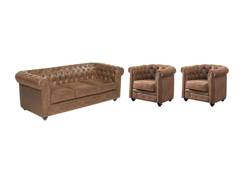 Vente-unique-Sofá 3 plazas y 2 Sillones Chesterfield de Microfibra Envejecida