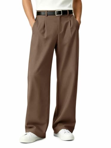 Image of Runcati Chino Trousers Men's Baggy Suit Trousers Loose Fit Stretch Casual Fabric Trousers Summer Wide Jogging Bottoms for Men, brown, 40 W/32 L
