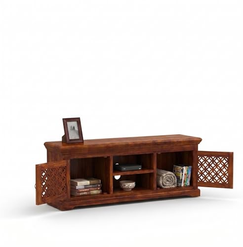 Image of Sheesham Wood Entertainment TV Unit Cabinet with 2 Drawer and 2 Shelf Storage for Home Living Room Solid Wooden Furniture for Hall & Office Decor - (Honey Finish)