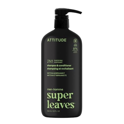 Image of ATTITUDE Men's Shampoo and Conditioner 2-in-1, Fortifying For Fragile Hair, With Caffeine and Green Tea, 97% Natural Origin Ingredients, EWG Verified, Matcha & Bergamot, 32 Fl Oz