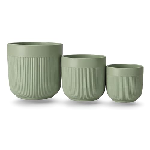Image of Xtore Ceramic Ribbed Planter Set with Matte Finish | Modern Minimalist Flower Pots for Home, Office, Balcony & Living Room Decor - (Set of 3, Sage Green, Planter ONLY)