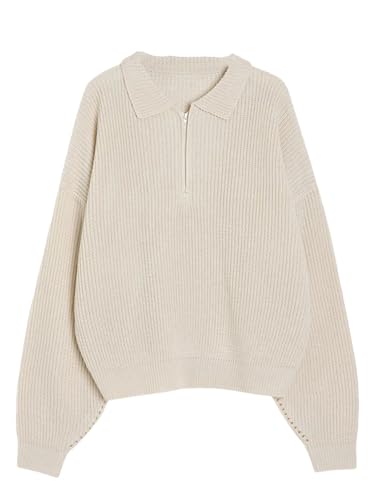 Women's Loose Knitted Pullover Sweater 1/4 Zip Lapel Long Sleeve Loose Knit Jumpers Tops