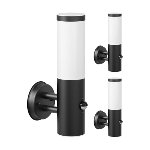 ledscom.de 3 Stück Wandleuchte PORU für außen, schwarz, rund, Bewegungsmelder, inkl. E27 Lampe, Energieeffizienzklasse A (warmweiß, 4W, 935lm)