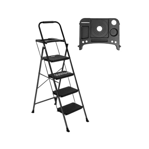 Escalera de tijera Escalera de 4 escalones, resistente, antideslizante, con plataforma, 330 libras, plegable, portátil, de 58-3/4' x 19' x 33-3/4', con hebillas de alta seguridad para interiores de ca