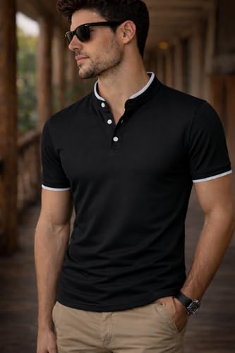 Image of Dagcros Men Polo T-Shirt, with White Trim, Short Sleeve, Button Collar Tshirt for Mens