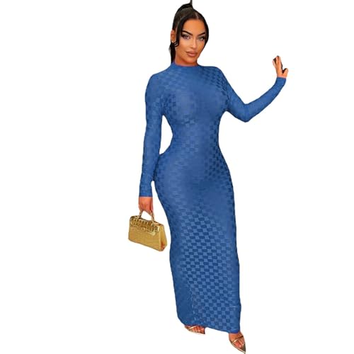Image of Women's Casual Turtleneck Long Sleeve Elegant Long Dress Lounge Mesh Bodycon Maxi Party Dresses