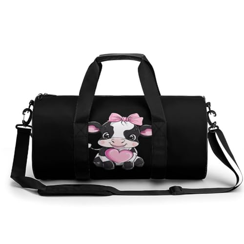 Black & White Cow Holding Heart Sports Gym Bag Travel Duffel Workout Bag with Adjustable Strap