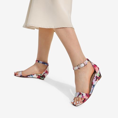 DREAM PAIRS Women's Ankle Strap Low Wedge Sandals Party Bridal Wedding Dress Shoes,Size 8,Floral,INGRID