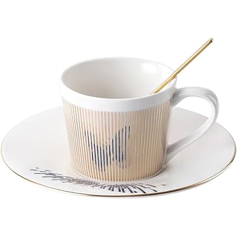 Old Craftsmen's Coffee Cup and Saucer Sets 8.45oz Latte Cup Unique Dynamic Mirage Reflection Tea Cup Luxury Porcelain Mirror Ceramic Mug Gifts for Cappuccino Espresso 250ml Butterfly Cover