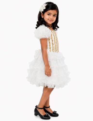 Image of BookMyCostume White & Golden Sequin Western Dance Costume for Girls | Stylish Top with Frill Sleeves & White Fluffy Skirt | Western Dance Costume for Kids| 6-7 Years