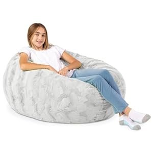 Gray color 4 foot faux fur big bean bag chair size 48 l x 48 w x 16 h incredibly soft removable and machine washable cover with childproof zipper lock  urban country home decor