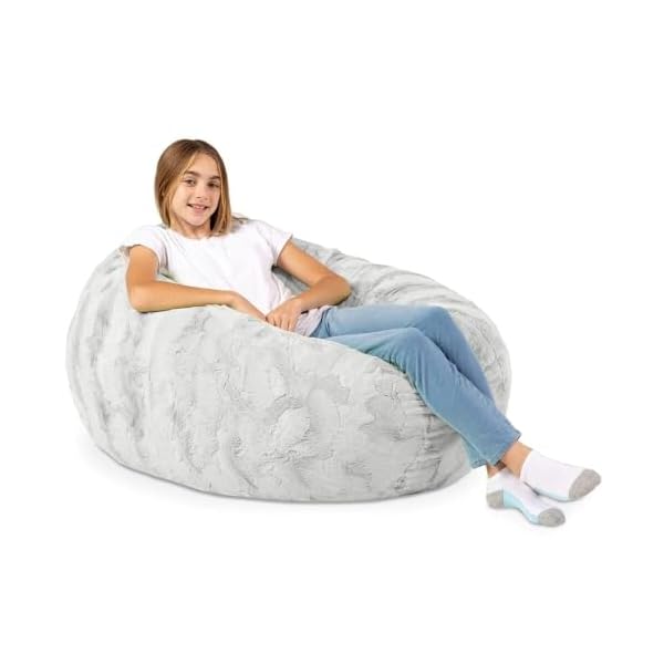 Gray color 4 foot faux fur big bean bag chair size 48 l x 48 w x 16 h incredibly soft removable and machine washable cover with childproof zipper lock  urban country home decor