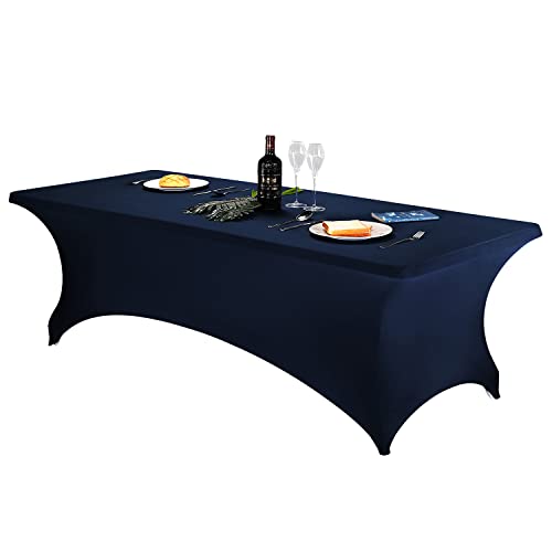 Image of FORLIFE Spandex Table Cover - Fitted 8ft Rectangular Tablecloth, Stretch Patio Cover, Universal for Wedding, Banquet, Party (Navy)