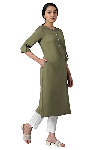 Image of W for Woman Cotton Yellow Solid Mandarin Collar Straight Kurta