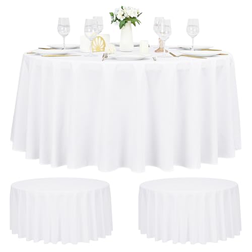 Pesonlook Lot de 2 Nappes Rondes Blanches 229 cm, Nappe Ronde en Polyester Lavable et Résistante aux Taches pour Mariage, Banquet, Restaurant, Buffet et Fête