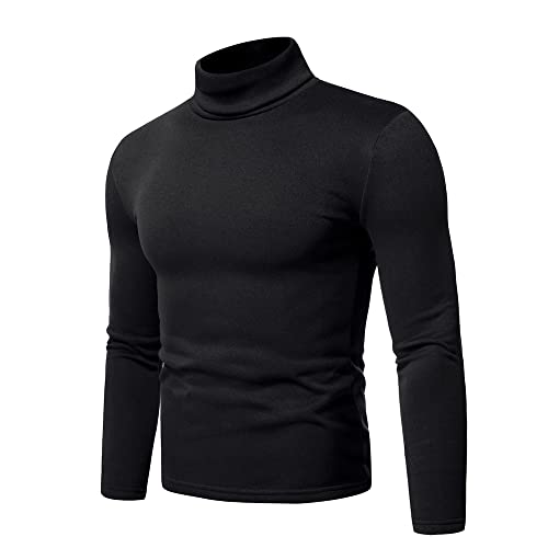 Casual Mens Basic Turtleneck T Shirts Thermal Slim Fit Lightweight Long Sleeve Cotton Pullover Top Black