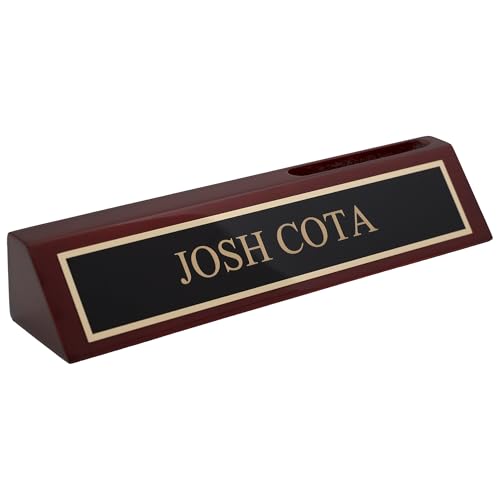 Dayspring Pens | Engraved Woodmark Rosewood Desk Wedge with Custom Name Plate and Business Card Holder. Personalized Office Gift for Business Professionals. Rich Wood Finish with Brass Accents.