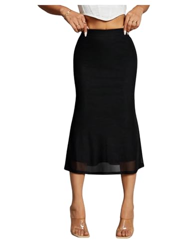Floerns Women's Solid High Waist Midi Skirt Mesh Fishtail Hem Pencil Skirt2