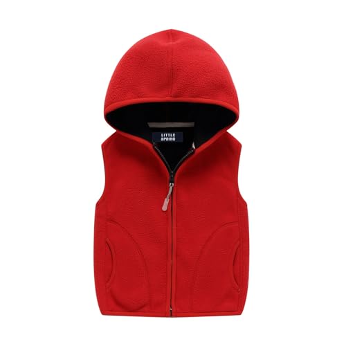 LittleSpring Kids Fleece Vest Jacket Full-Zip Warm Sleeveless Hooded Red Size 10-12