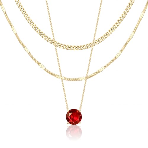 WomenGifts July Created Ruby (Crimson Red) Layered Necklace Set 14K Gold Plated Birthstone Pendant with Choker Cuban Link & Satellite Chain Personalized Jewelry Gift