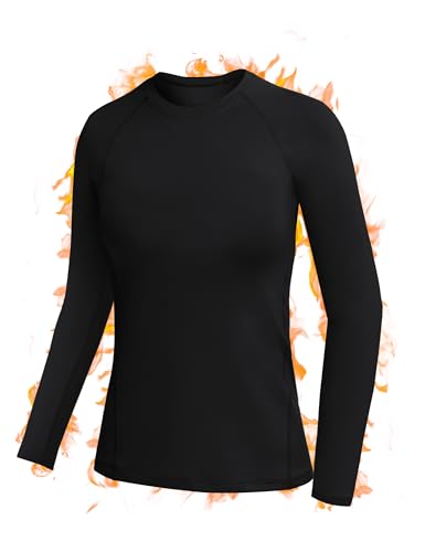 RIKUAOU Long Sleeve Thermal Shirts for Women Fleece-Lined Undershirts Base Layer Tops for Running Workout Cold Weather Black