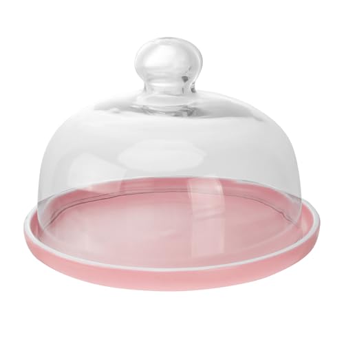 Happyyyami - Alzata per torta con coperchio a cupola, rotondo, con coperchio in vetro, in ceramica, per pane trasparente, per formaggi, dolci, colore: rosa