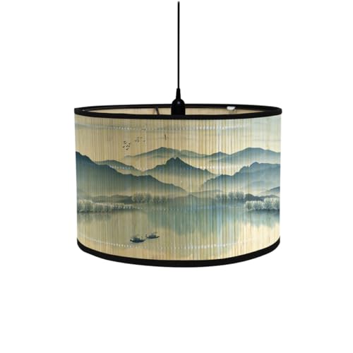 FANSU Vintage Bamboo Lamp Shades for Table Lamps, Round Drum Light Shade Woodsy Decor Pendant Lampshades,Pattern Chandelier Lamp Covers Ceiling Lampshade (30 * 20cm,Landscape)
