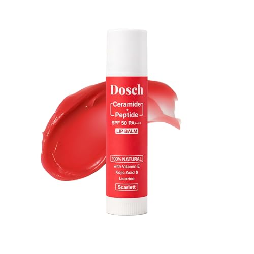 Image of DOSCH Tinted Lip Balm SPF 50 PA+++ - Scarlet | 2% Peptides, 2% Ceramides & 10% Natural Squalane | With Vitamin E | Brightening Lip Balm for Dark, Pigmented & Chapped Lips | 5 g | 24H Moisturization & Hydration | Kojic Acid & Licorice | For Women
