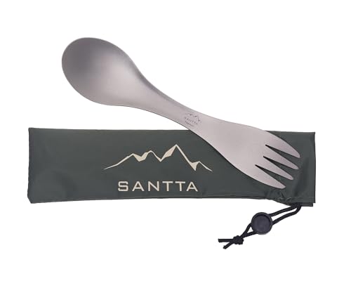 SANTTA 2-in-1 Lightweight Titanium Travel Spork with Carry Bag, Spoon Fork Combo Utensil for Hiking, Backpacking, Camping and Traveling