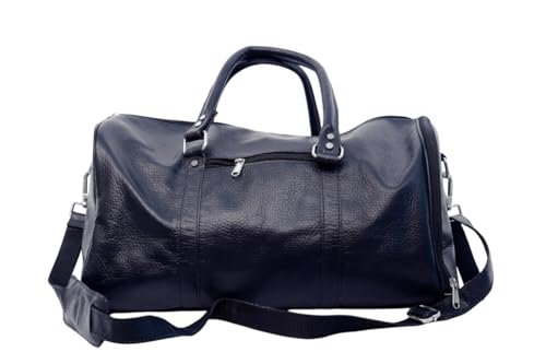 Handcrafted Leather Duffle Bag Multiple Pockets & Compartments Adjustable Shoulder Strap Bag For Men & Women Travel Use (Black)