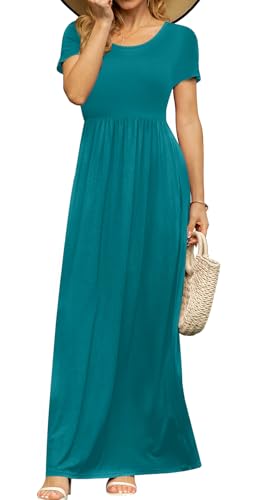 Image of DB MOON Womens 2026 Summer Maxi Dresses Casual Short Sleeve Empire Waist Spring Long Dress with Pockets