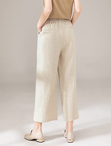 Mordenmiss Women's Linen Drawstring Pants Wide Leg Elastic Waist Cropped Pants Trousers (M, Nature) #TOP2