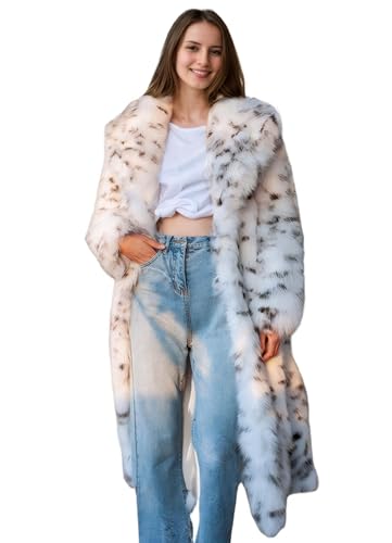 DJBM Women's Faux Fur Lapel Long Coat Luxury Furry Leopard Cardigan Outwear with Pockets for Wedding Banquet