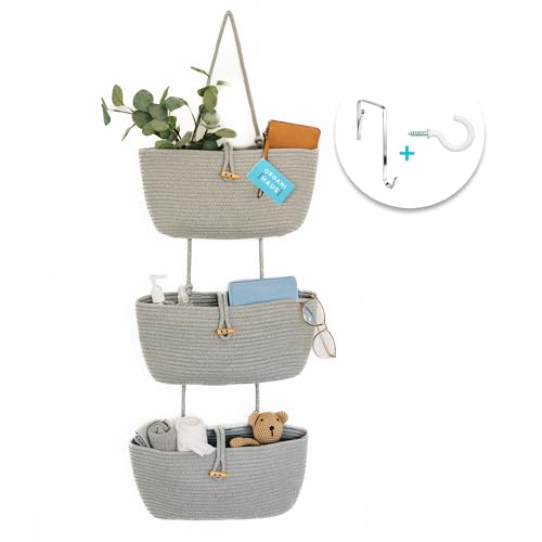 Image of OrganiHaus Over the Door Organizer, Woven Rope Hanging Baskets, 3-Tier | Cotton Wall Storage Basket For Nursery Decor, Entryway, Bathroom, Playroom Or Dorm, Mounts On Door Or Wall, Light Gray