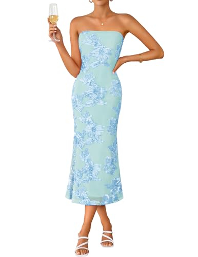 graceful wedding guest dress strapless floral bodycon mesh - light blue