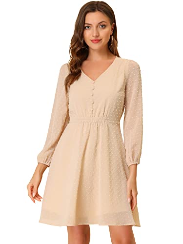 Allegra K Vestido De Gasa Fluido Sólido con Cintura Elástica con Cuello En V Y Manga 3/4 para Mujer Albaricoque Amarillo S Cover