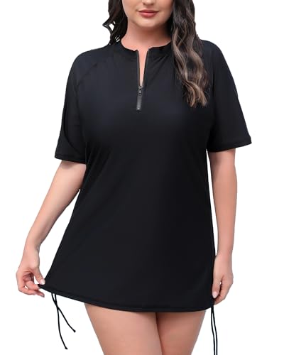 Halcurt UV Shirt Damen Übergröße Kurzarm 1/4 Zip Rash Guard Schwimmshirt mit Verstellbare Seitenbänder UPF 50+ Badeshirt Schnell Trocknender Große Größen 1X