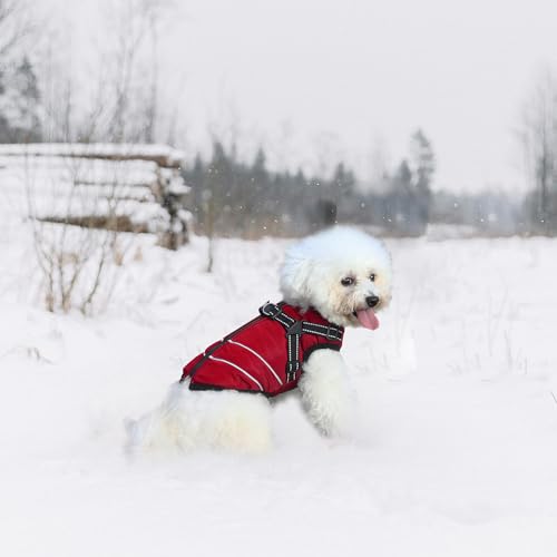 Mitili Warme Hundemantel Wasserdicht mit Geschirr, Reflektierend Hundejacke Winter für Kleine und Mittlere Hunde, Winddichte Hunde Wintermantel, Outdoor Hundeweste (Rot, M)