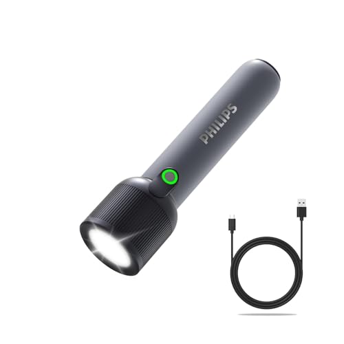PHILIPS Handheld Torch Light 2000mAh Rechargeable Torch Light with 2 Modes 400LM & IP44 Waterproof Portable Flash Light for Home Camping Hiking EmergencyGray