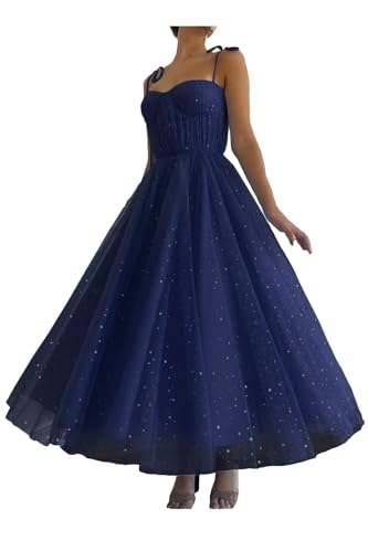 Xijun Women's Sparkle Starry Tulle Prom Dresses Tea Length Sweetheart Corset Formal Evening Party Gowns