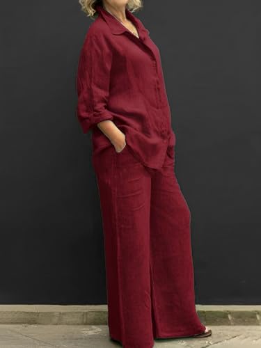 Womens Cotton Linen 2 Piece Outfits Long Sleeve Button Down Top Loose Elastic Waist Wide Leg Long Pants with 2 Pockets2