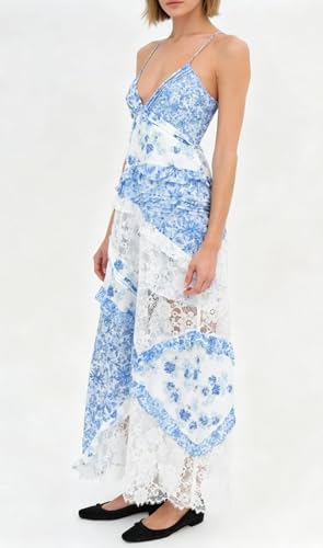 Image of Women Y2k Floral Smocked Maxi Dress Bow Tie Shoulder Tiered Ruffle Midi Sun Dress Boho Casual Beach Long Dresses