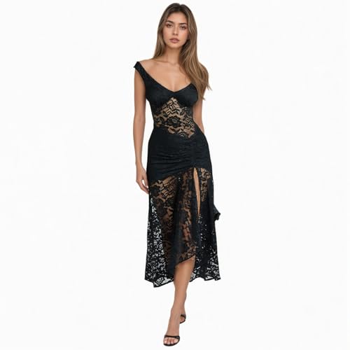 Image of OCUH Black Lace Dress Sheer Maxi Dresses Sexy Outfit for Women Going Out High Slit Skirt Bodycon Vacation Party Wear