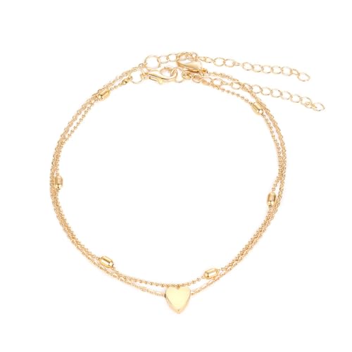 SOIDMHP Double Anklet, 1 Pieces Gold Heart Ankle Bracelets, Layered Love Beads Foot Chain, Beach Anklets for Women, Jewelry for Women and Girls, Double-Layer, with Claw Clasp, Gold