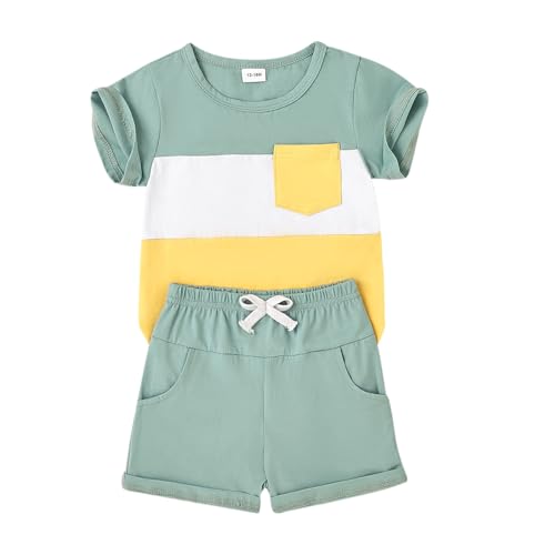Image of Toddler Boy Clothes Baby Summer Outfit Patchwork Tee Shorts 12M-4T | Soft Patchwork Tee, Pocket Shorts With Stretch Waistband, Breathable For Summer Play, Machine Washable