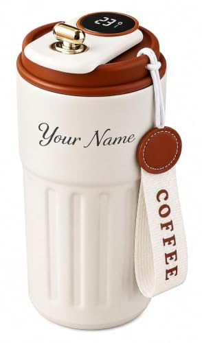 Image of Personalized Coffee Tumbler with Custom Name, Double Wall Vacuum Insulated Stainless Steel Travel Mug with Lid & Strap, Customized Hot & Cold Tea Coffee Cup, Birthday & Corporate Gifts (Cream)