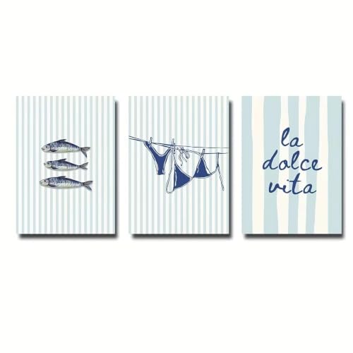 Lienzo de sardinas en rayas azules de 20x30cm para renovar el arte de pared en el hogar