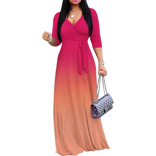 Image of PinkPatty Women's Plus Size Maxi Dresses Casual Flowy 3 /4 Sleeves Dress Printed Vacation Dress for Daily Wear with Belt