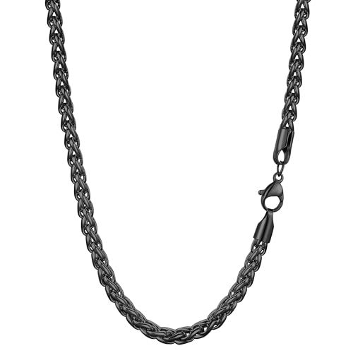 Fiusem Black Chain Necklace for Men, 4.2mm Mens Necklace Chain, Stainless Steel Wheat Necklace for Men and Women, Black Chains 20Inch